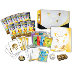 30th Celebration Elite Trainer Box contents including packs, cards, and player guide.