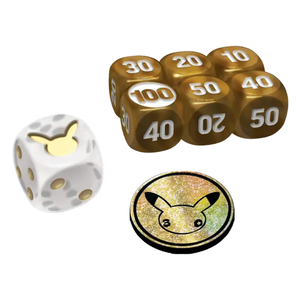 30th Celebration Elite Trainer Box includes special dice and Pikachu tokens for enhanced gaming experience.