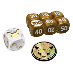 30th Celebration Elite Trainer Box includes special dice and Pikachu tokens for enhanced gaming experience.