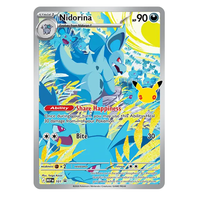 Nidorina Pokémon Trading Card featuring Share Happiness ability and vibrant blue background.