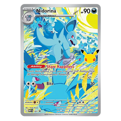 Nidorina Pokémon Trading Card featuring Share Happiness ability and vibrant blue background.