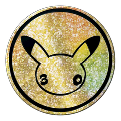 30th Celebration Elite Trainer Box logo featuring Pikachu silhouette and number 30 in vibrant colors.