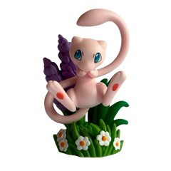 30th Celebration Mew Figure Collection featuring Mew surrounded by flowers and vibrant plants.