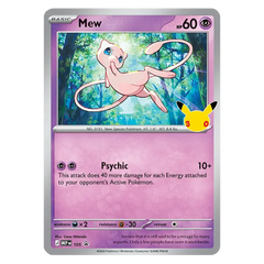 30th Celebration Mew Figure Collection featuring Mew card with nature background and Pikachu icon.