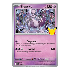 30th Celebration Mewtwo Figure Collection featuring Mewtwo card with attack details and beautiful artwork.
