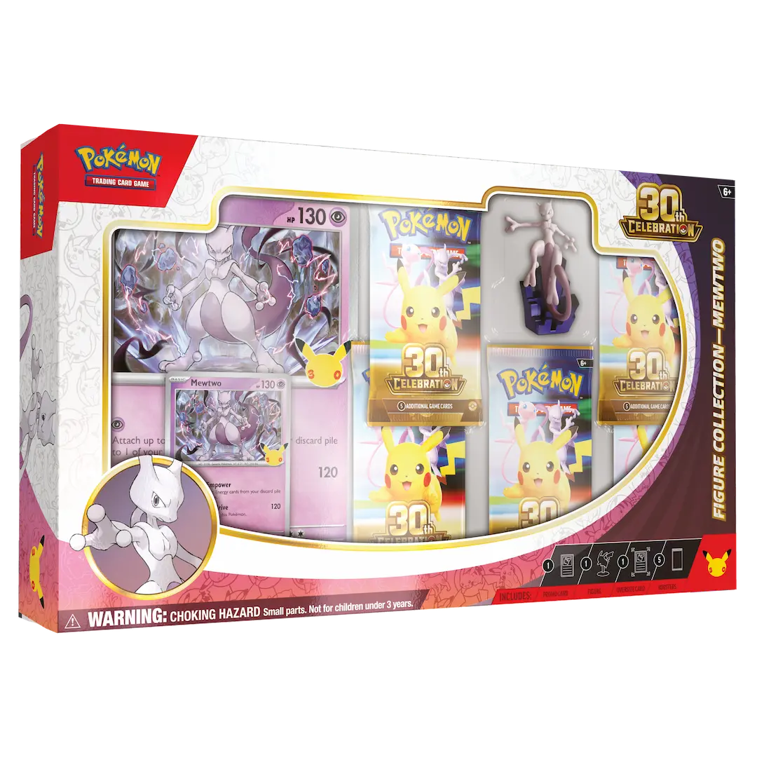 30th Celebration Mewtwo Figure Collection featuring cards and Mewtwo figure in decorative packaging.