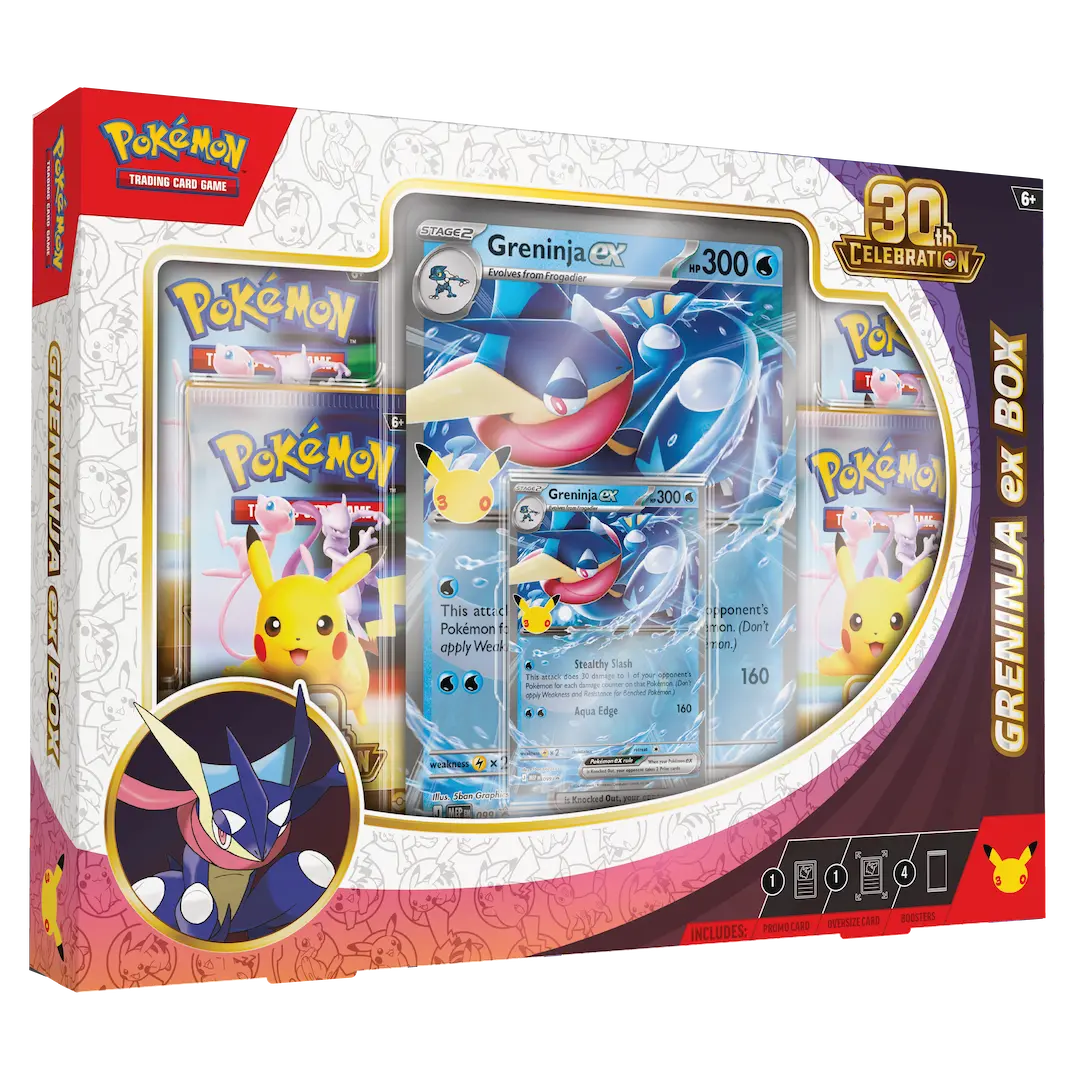 30th Celebration Greninja Collection - Greninja ex Box featuring special promo cards and Pokémon collectibles.