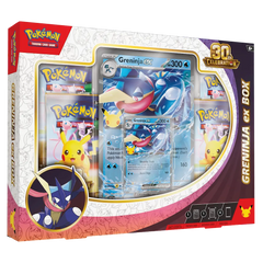 30th Celebration Greninja Collection - Greninja ex Box featuring special promo cards and Pokémon collectibles.