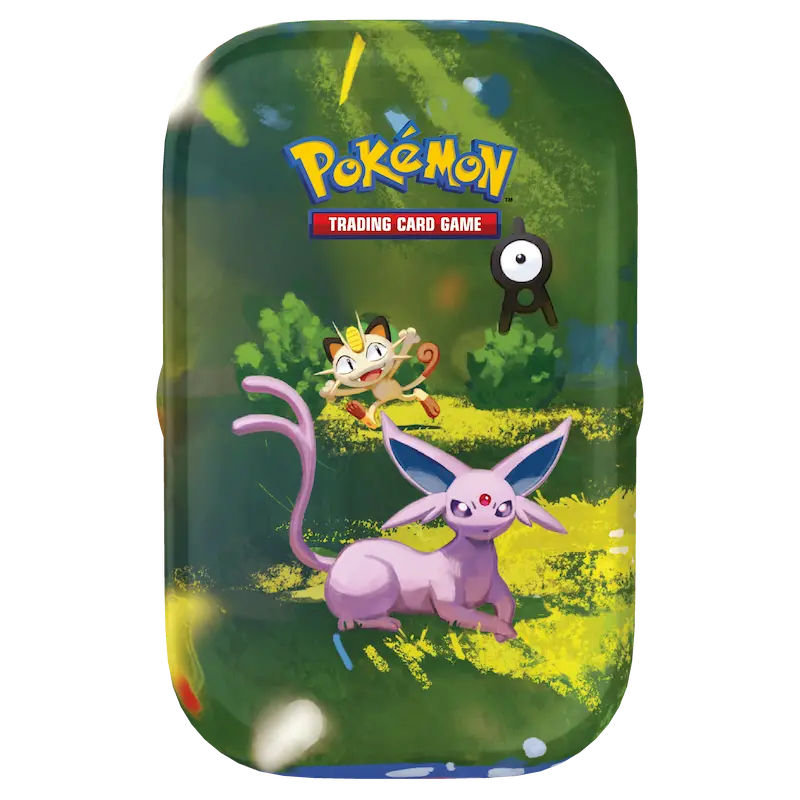 30th Celebration Mini Tin featuring Pokémon characters Meowth and Espeon surrounded by vibrant colors.
