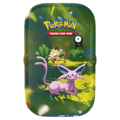 30th Celebration Mini Tin featuring Pokémon characters Meowth and Espeon surrounded by vibrant colors.