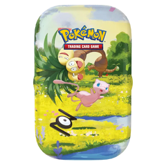 Pokémon 30th Celebration Mini Tin featuring playful Pokémon in a vibrant landscape.