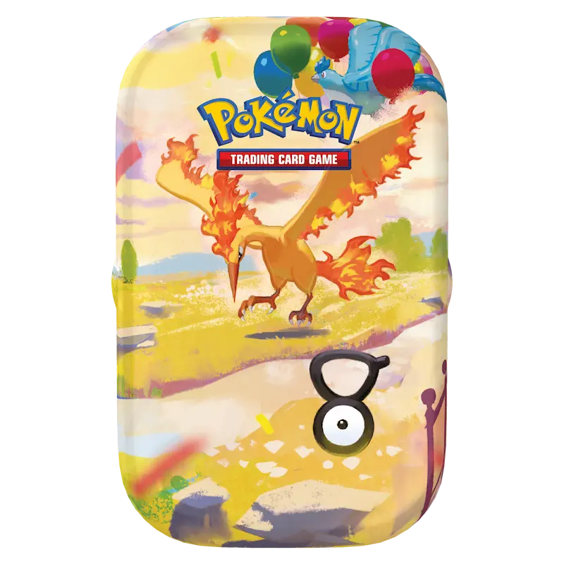 30th Celebration Mini Tin featuring Moltres and festive balloons for Pokémon's anniversary.