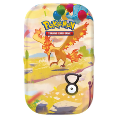 30th Celebration Mini Tin featuring Moltres and festive balloons for Pokémon's anniversary.