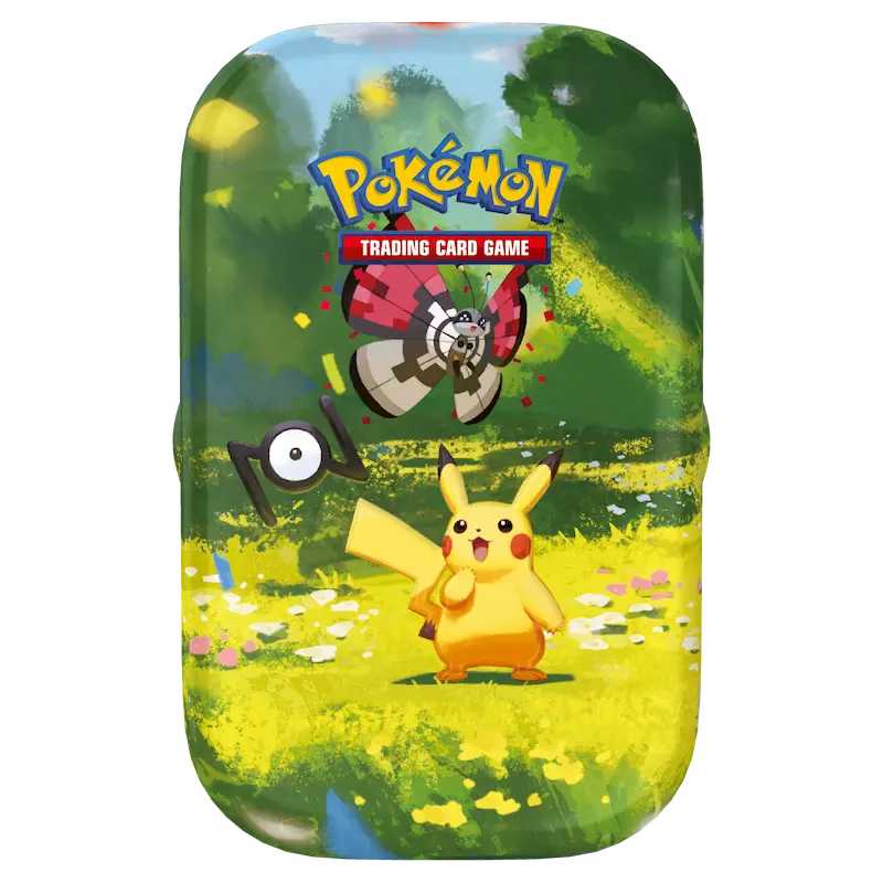 30th Celebration Mini Tin featuring Pikachu and iconic Pokémon characters in a vibrant landscape.