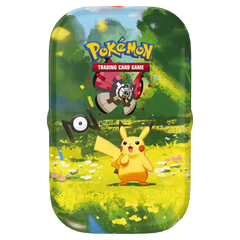 30th Celebration Mini Tin featuring Pikachu and iconic Pokémon characters in a vibrant landscape.