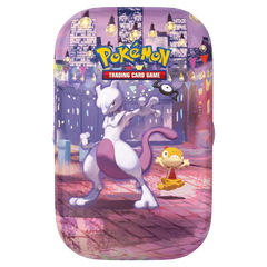 30th Celebration Mini Tin featuring Mewtwo and Scraggy in a colorful Pokémon-themed setting.