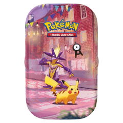 30th Celebration Mini Tin featuring Pikachu and an electric Pokémon in a vibrant street scene.