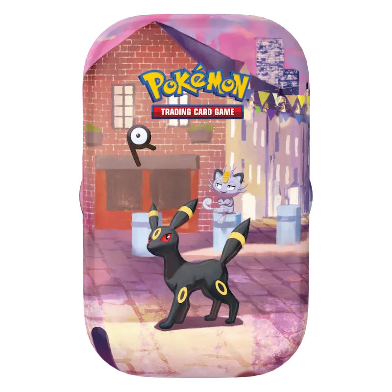 30th Celebration Mini Tin featuring Umbreon and Meowth in a colorful urban setting.
