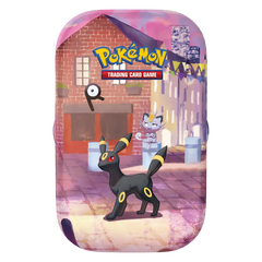 30th Celebration Mini Tin featuring Umbreon and Meowth in a colorful urban setting.