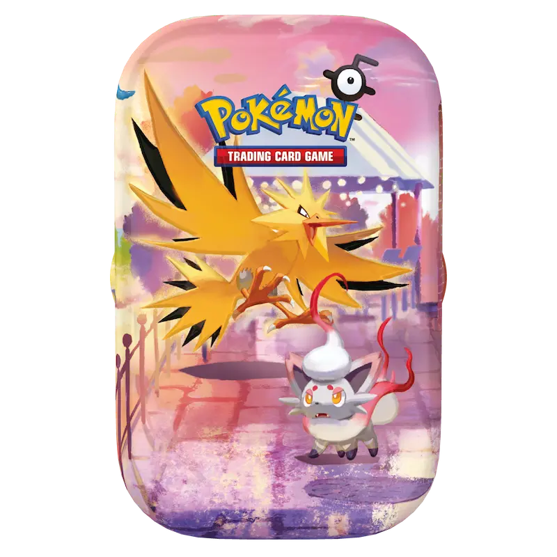 30th Celebration Mini Tin featuring Zapdos and a cute Pokémon character in a colorful design.