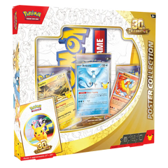 Collection d'affiches pour le 30e anniversaire, comprenant des cartes Pokémon et Pikachu dans un emballage de collection.
