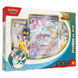 30th Celebration Sylveon Collection featuring Sylveon ex Box and Pikachu cards in a colorful design.