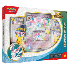 30th Celebration Sylveon Collection featuring Sylveon ex Box and Pikachu cards in a colorful design.