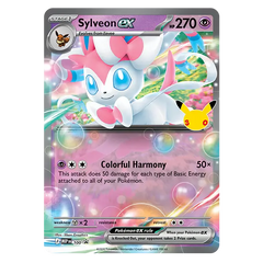 30th Celebration Sylveon Collection Pokémon card showcasing Sylveon ex with colorful design and attack details.
