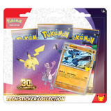30th Celebration 3-Pack Blister Lucario featuring Pokémon cards and exclusive tech stickers collection.
