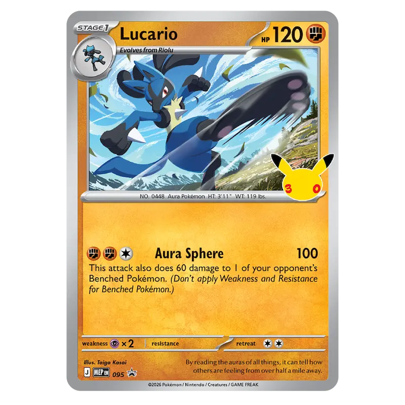 30th Celebration 3-Pack Blister Lucario card featuring Lucario's Aura Sphere attack and Pikachu sticker.