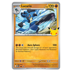 30th Celebration 3-Pack Blister Lucario card featuring Lucario's Aura Sphere attack and Pikachu sticker.