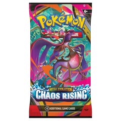 Pokémon Mega Evolution Chaos Rising Booster Pack featuring vibrant artwork and 10 additional game cards.