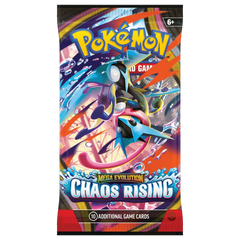 Pokémon Mega Evolution Chaos Rising Booster Pack featuring dynamic artwork and game cards.