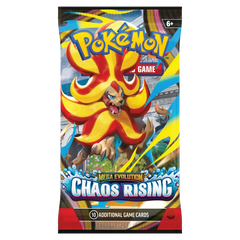 Pokémon Mega Evolution Chaos Rising Booster Pack featuring powerful Pokémon and vibrant artwork.