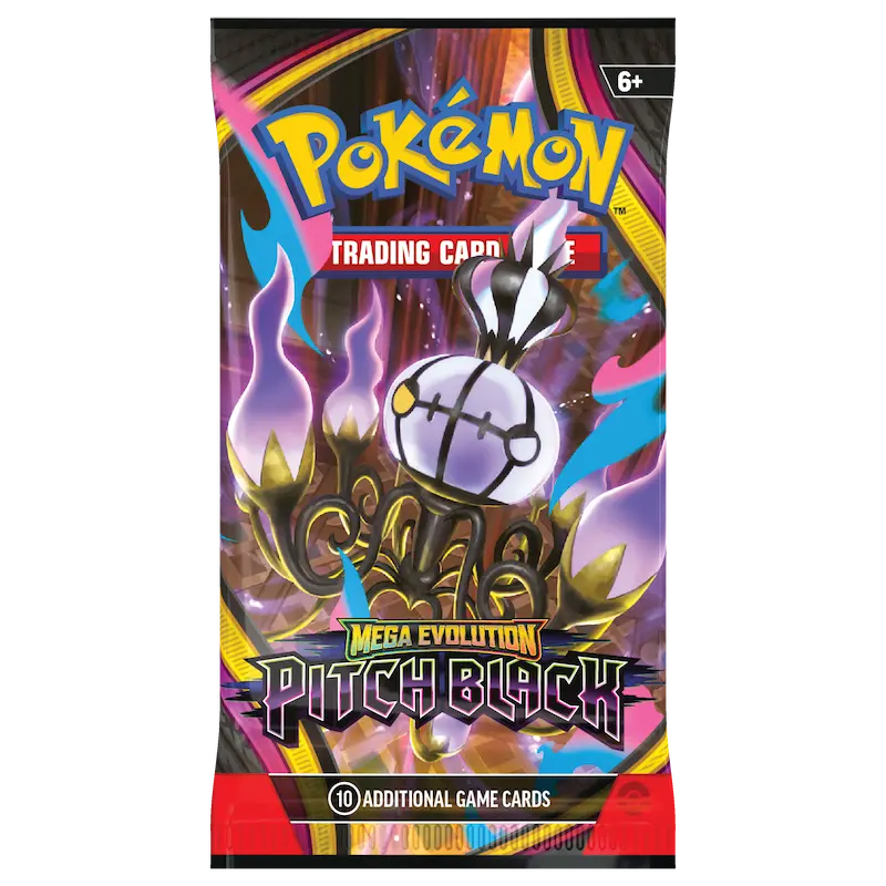 Pokémon Mega Evolution Pitch Black Booster Box featuring vibrant designs and ominous Pokémon artwork.