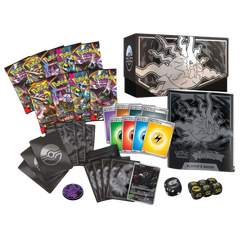 Pitch Black Elite Trainer Box featuring booster packs, cards, dice, and player's guide for Pokémon TCG.