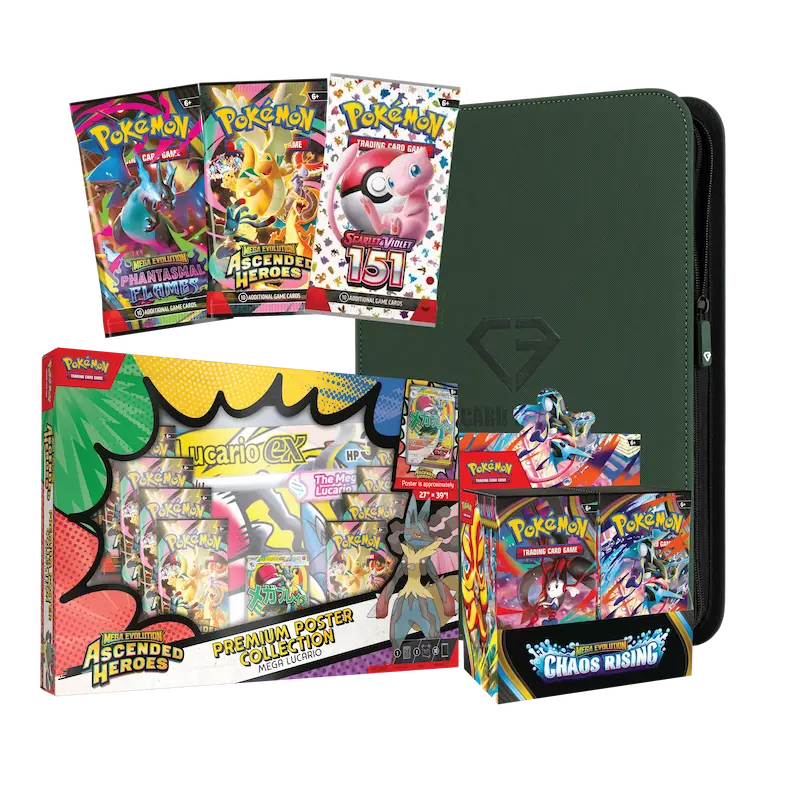 Product Shown on Screen featuring Pokémon card packs and premium collections for auction.