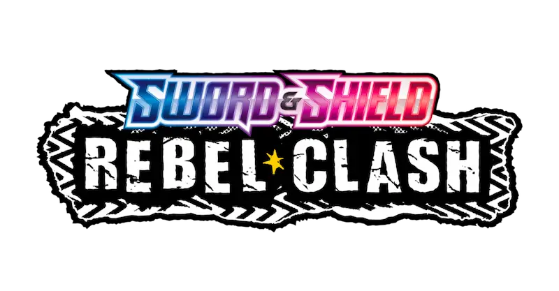 Logo de Pokémon Espada y Escudo: Choque de Rebeldes con colores vibrantes y diseño dinámico.