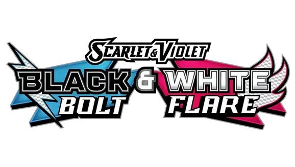 Logo de Scarlet & Violet: Rayo Negro y Destello Blanco, con gráficos llamativos en azul y rosa.