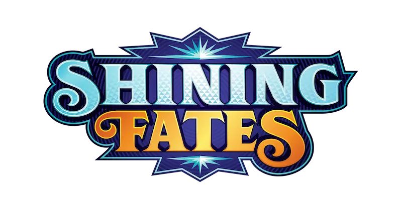 "Logo de Shining Fates con texto llamativo en azul y naranja y un diseño de explosión estelar."