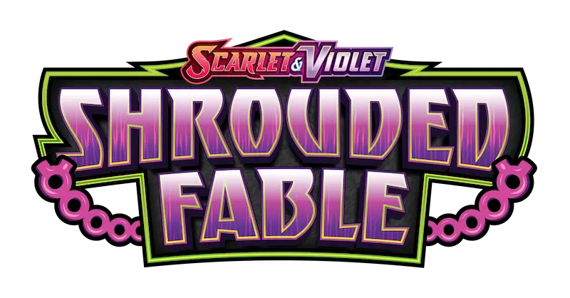 "Scarlet and Violet: Shrouded Fable logo con diseño de texto llamativo y colores vibrantes."