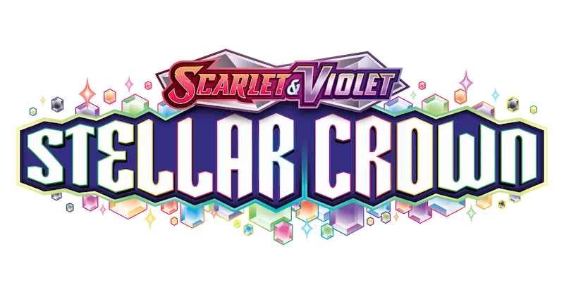 "Logo del juego Pokémon 'Corona Estelar: Escarlata y Púrpura' con colores vibrantes y gemas."