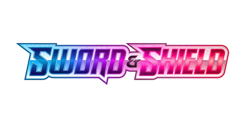 "Logo estilizado del juego 'Sword & Shield' con colores azul y rojo vibrantes."