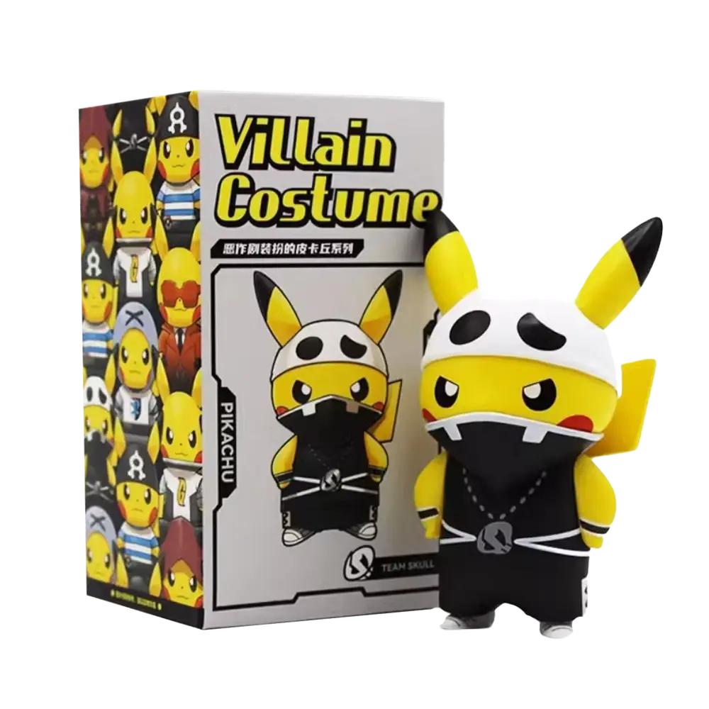 Team Skull Pikachu figure in villain costume with box showcasing various Pikachu designs.