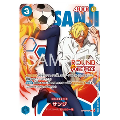 Sanji from One Piece kicking a soccer ball, vibrant card design showcasing character and action.