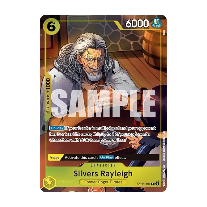 One Piece: Illustration Box vol.7 (Live) featuring Silvers Rayleigh character card with gameplay details.