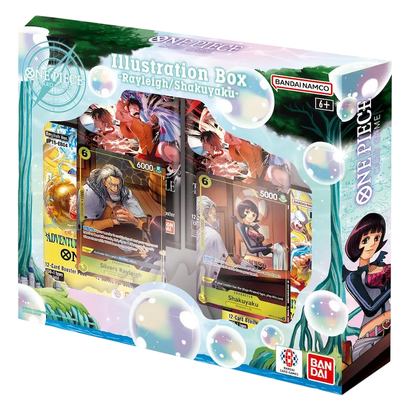 One Piece: Illustration Box vol.7 (Live) featuring Silvers Rayleigh and Shakuyaku cards in a collectible packaging.