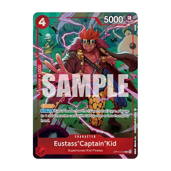 One Piece: Illustration Box vol.8 (Live) Eustass 'Captain' Kid trading card featuring vibrant artwork and game stats.