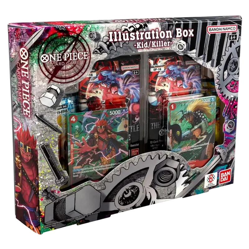One Piece: Illustration Box vol.8 (Live) featuring Kid and Killer promotional cards and booster packs.