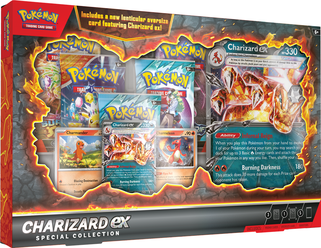 Charizard EX Special Collection box showcasing Charizard ex, Charmander, and TCG booster packs, featuring Pokémon TCG graphics.